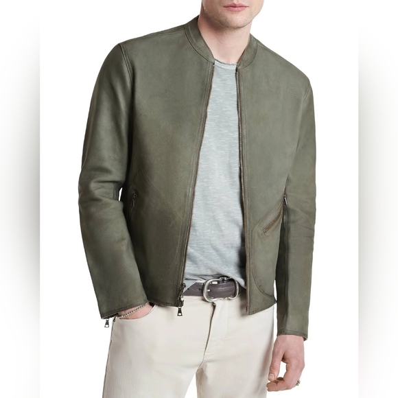 John Varvatos Corbin Leather Jacket EU56 FIT TO L Dark Moss Check The Measure - Picture 3 of 8